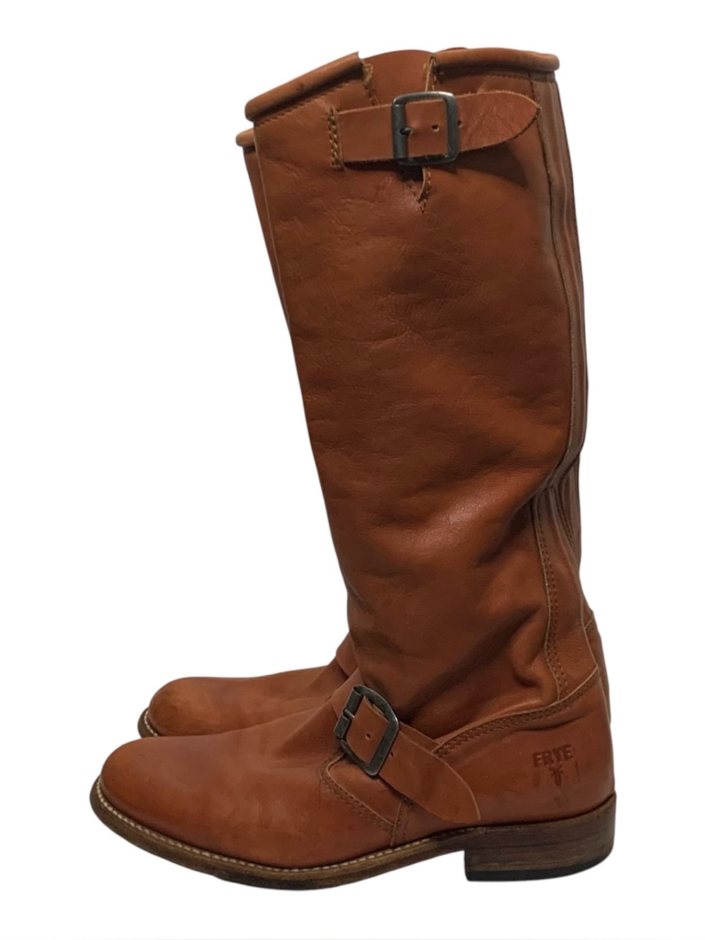 FRYE Dorado Tall Riding Boots Cognac Leather Moto Spain 7.5 EUC Modern Archival